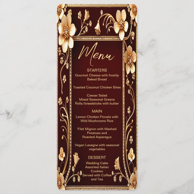 Burgundy Golden Flowers Wedding Menu (Front)