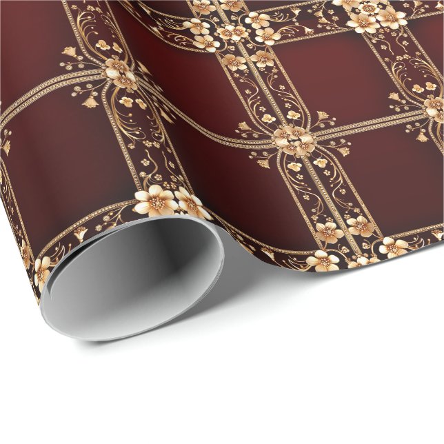 Burgundy Golden Flowers Wrapping Paper (Roll Corner)