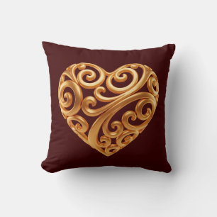 Burgundy Golden Heart Symbol of Love Cushion