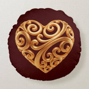 Burgundy Golden Heart Symbol of Love Round Cushion