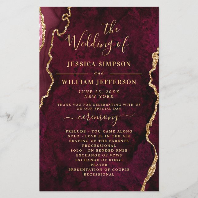 Burgundy Golden Marble Wedding Ceremony Program (Front)