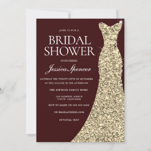 Burgundy Golden Wedding Dress Bridal Shower Invite