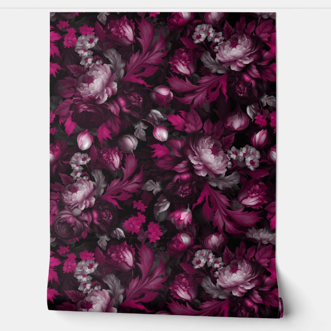 burgundy  goth midnight moody floral garden wallpaper (Unrolling)
