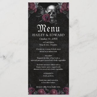 Burgundy Gothic Floral Skull Halloween Wedding Menu