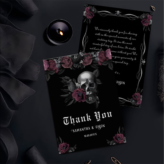 Burgundy Gothic Floral Skull Halloween Wedding  Thank You Card (Creator Uploaded)