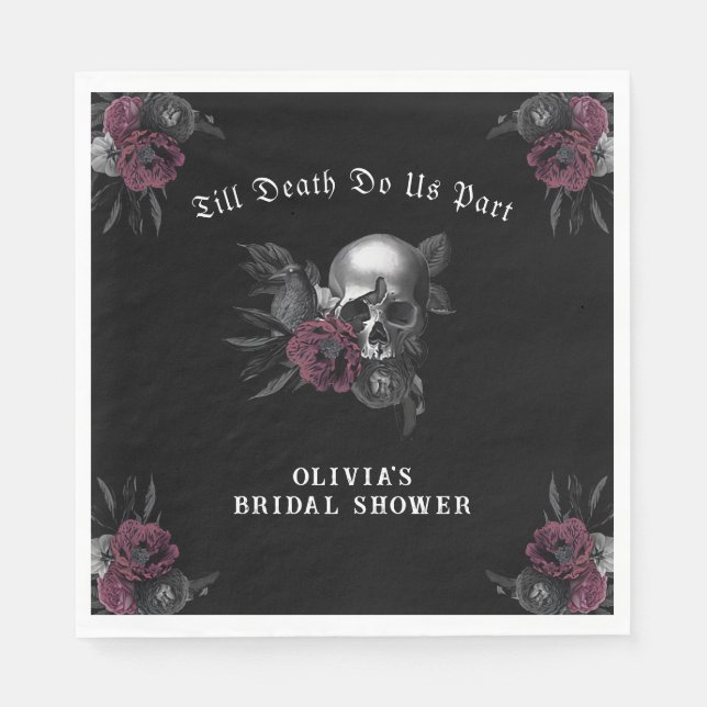Burgundy Gothic Florals Skull Bridal Shower  Napkin (Front)