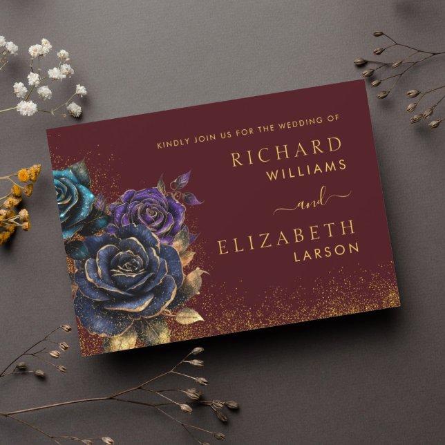 Burgundy Gothic Rose Glitter Wedding Invitation (Creator Uploaded)