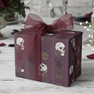 Burgundy Gothic Skull & Rose Stripes Wrapping Paper