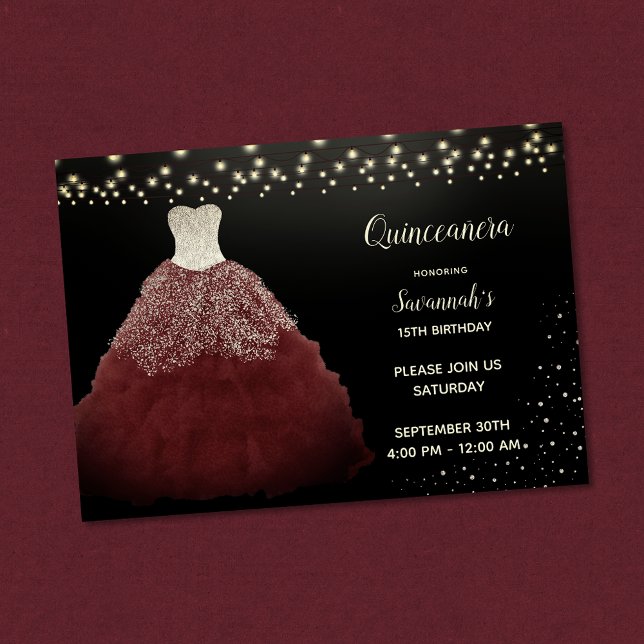 Burgundy Gown with String Lights Quinceanera Invitation (Creator Uploaded)