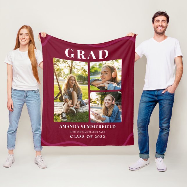 Burgundy Grad 3 Photo Collage Graduation Fleece Blanket (In Situ)