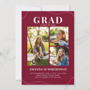 Burgundy Grad 3 Photo Collage Graduation Party Invitation