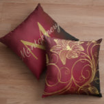 Burgundy Gradient Gold Floral Initial Throw Pillow<br><div class="desc">A burgundy gradient, dressed with wispy smoky grey tufts in the corners, forms the background for both sides of this reversible design. One side features a gold foil-look floral and vine arrangement while the other presents your monogram initial and name in two shades of gold. See version: https://www.zazzle.com/burgundy_faux_gold_foil_floral_throw_pillow-256883602053544664 #pillows #pillow...</div>