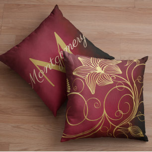 Burgundy Gradient Gold Floral Initial Throw Pillow