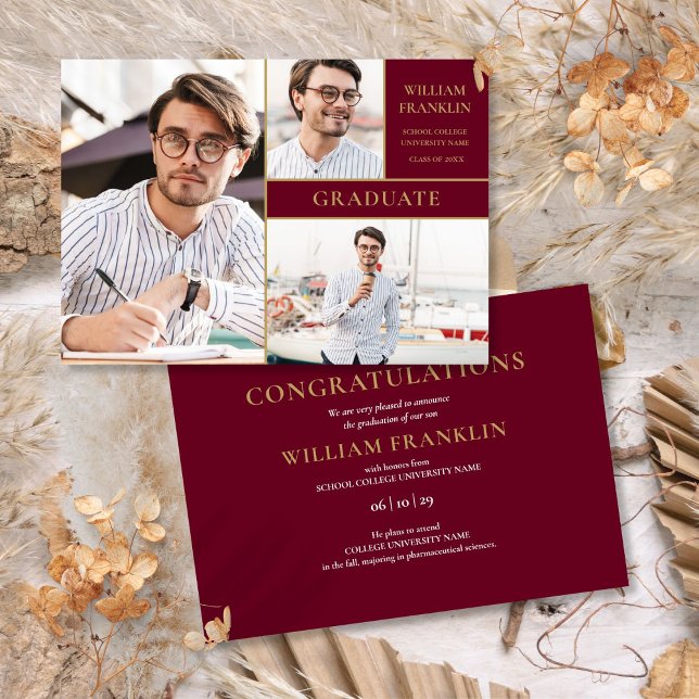 Burgundy Graduate Gold 3 Photo Collage Graduation  Announcement (Burgundy Graduate Gold 3 Photo Collage Graduation Announcement)