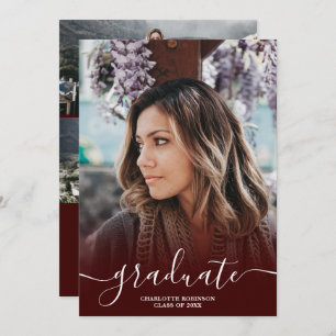 Burgundy graduate script photo graduation invitation