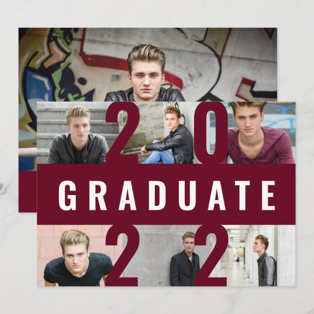 Burgundy graduation modern photo collage bold announcement (Front/Back)