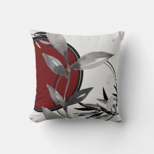 Burgundy & Gray Abstract Zen Watercolor Leaf Cushion