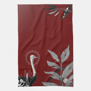 Burgundy & Gray Artistic Watercolor Leaves Ostrich Tea Towel
