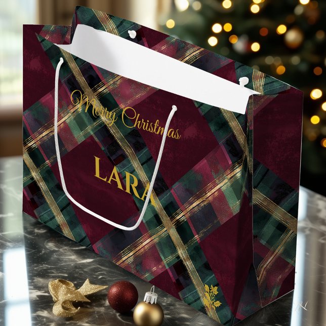 Burgundy, Green, and Gold Diagonal Plaid Christmas Large Gift Bag (Creator Uploaded)