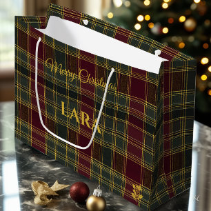 Burgundy, Green, and Yellow Plaid Christmas  Large Gift Bag