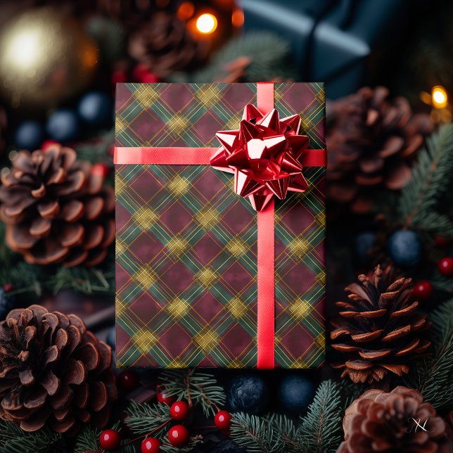 Burgundy, Green, and Yellow Plaid – Festive Rustic Wrapping Paper (Creator Uploaded)