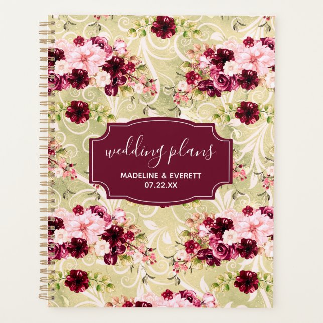 Burgundy Green & Blush Pink Floral Wedding Plans Planner (Front)