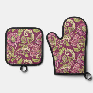 Burgundy & Green Floral Damask Oven Mitt & Pot Holder Set