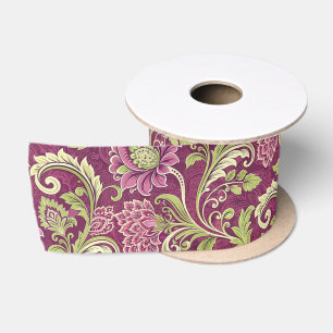 Burgundy & Green Floral Damask Satin Ribbon