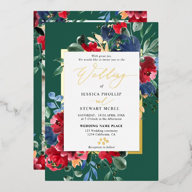 Burgundy green floral gold script photo wedding (Front/Back)