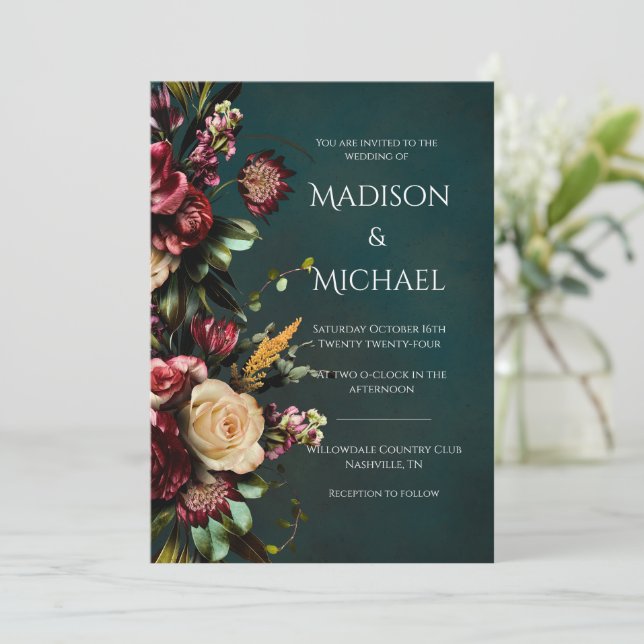 Burgundy & Green Floral Modern Wedding Invitation (Standing Front)