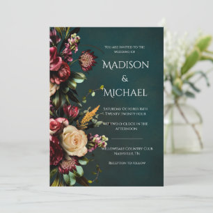 Burgundy & Green Floral Modern Wedding Invitation