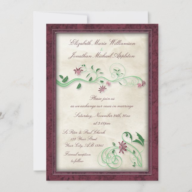 Burgundy & Green Floral Vine Wedding Invitations (Front)