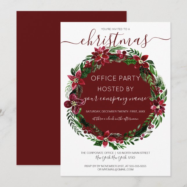 Burgundy Green Floral Wreath Corporate Christmas Invitation (Front/Back)