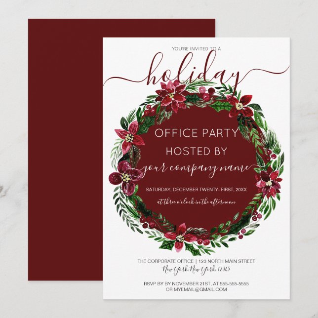 Burgundy Green Floral Wreath Corporate Holiday Invitation (Front/Back)