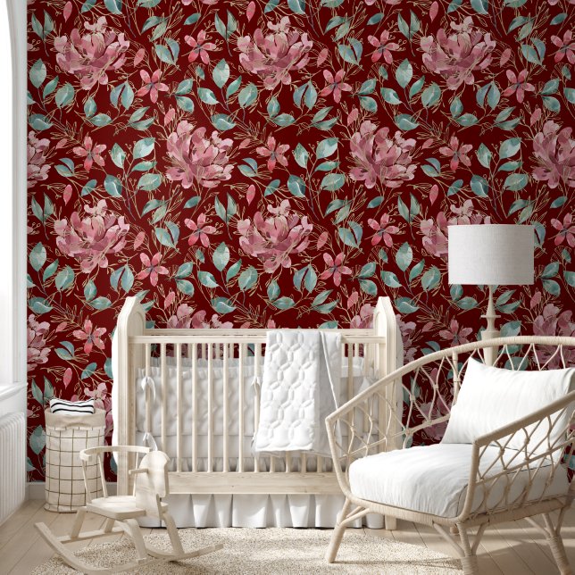 Burgundy Green Gold Floral Pattern Wallpaper (Kids)