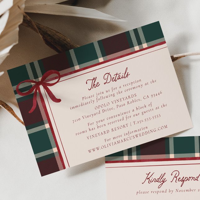 Burgundy Green Plaid Christmas Bow Wedding Details Enclosure Card (Creator Uploaded)