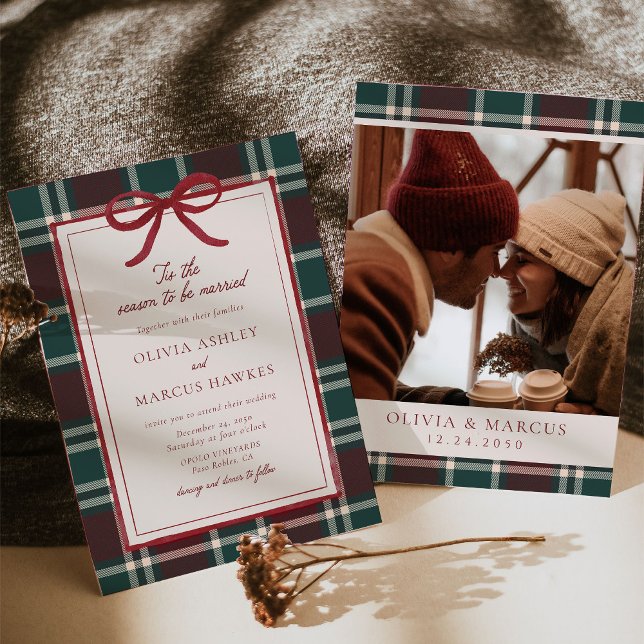 Burgundy Green Plaid Christmas Bow Wedding Invitation (Creator Uploaded)