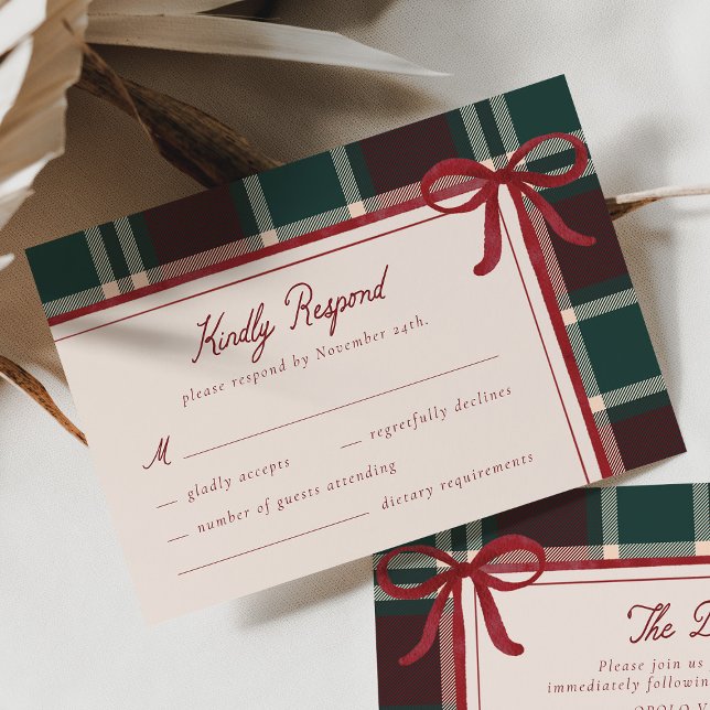 Burgundy Green Plaid Christmas Bow Wedding RSVP Card (Burgundy green plaid Christmas wedding RSVP card with red bow, stylish winter response card.)