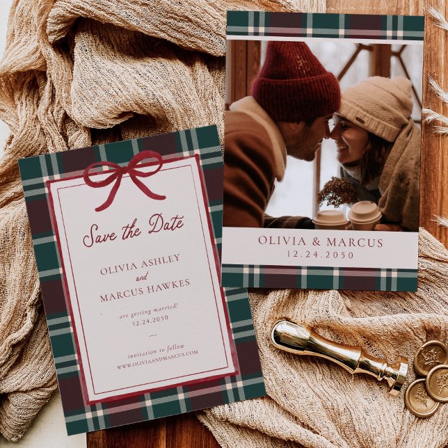 Burgundy Green Plaid Christmas Bow Wedding Save The Date (Creator Uploaded)