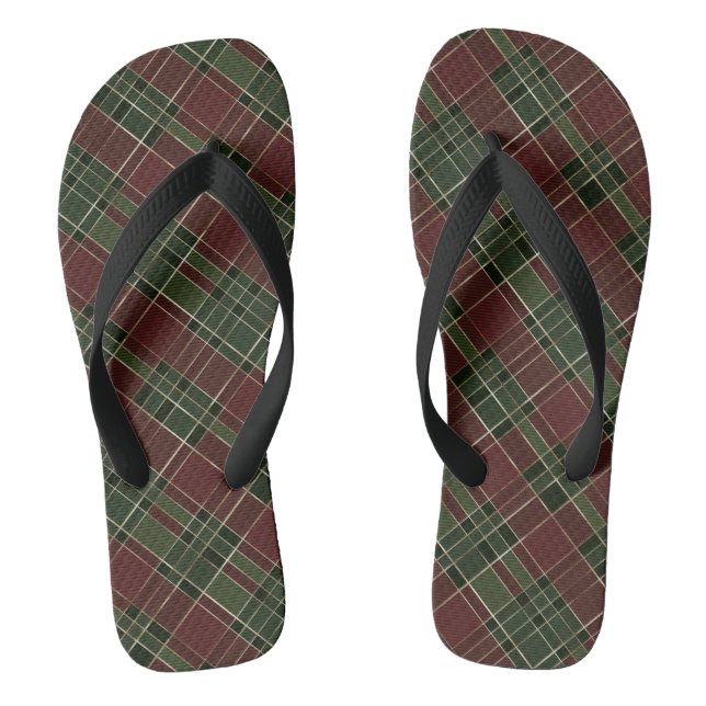 Burgundy Green Plaid Christmas Holiday Flip Flops (Footbed)