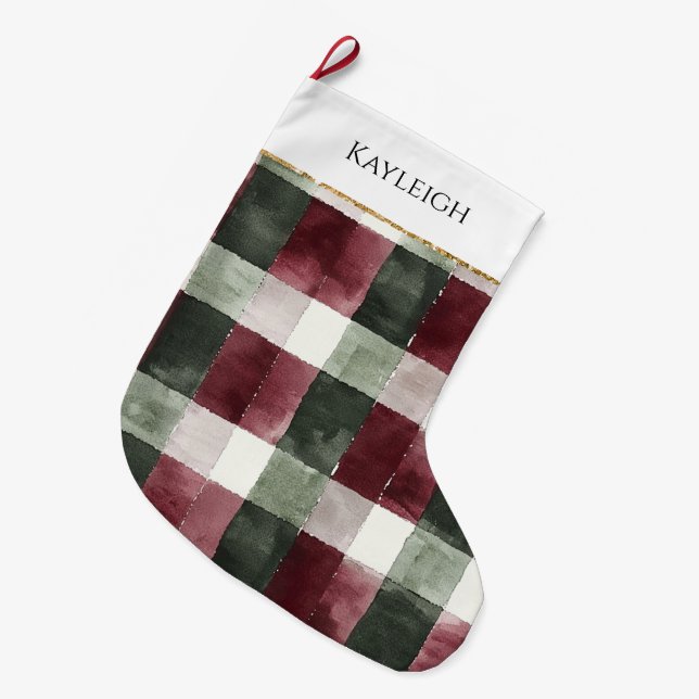 Burgundy Green Plaid Stripe Christmas Gold Glitter Large Christmas Stocking (Front (Hanging))