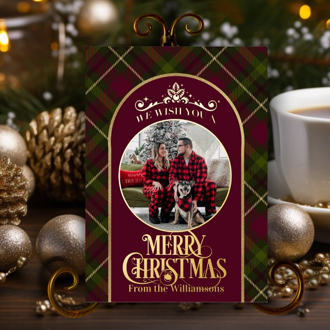 Burgundy & Green Plaid With Name & Photo Christmas Foil Holiday Card (elegant classic Christmas card burgundy, green and gold personalized with family name and photo)