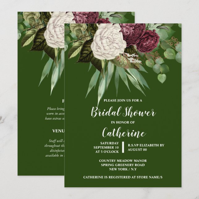 Burgundy green rose floral dark moody greenery  Invitation (Front/Back)