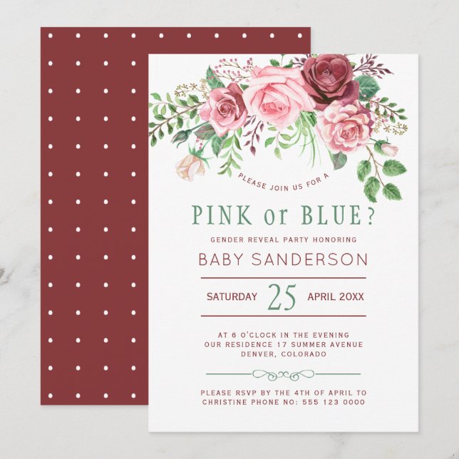 Burgundy Green Roses Baby Gender Reveal Party Invitation (Front/Back)