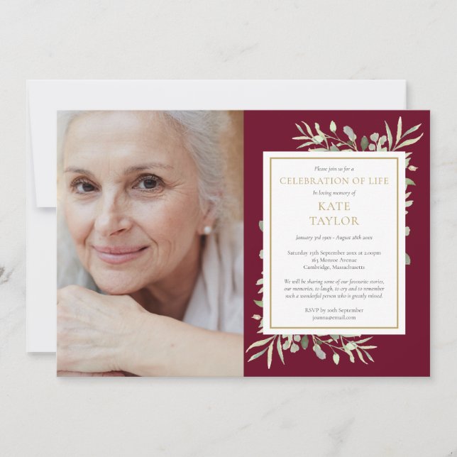 Burgundy Greenery Celebration of Life Photo Invitation (Front)