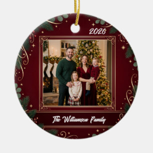 Burgundy Greenery Family Photo Christmas Ceramic Tree Decoration