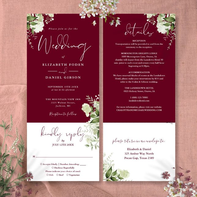 Burgundy greenery Floral All In One Wedding  Invitation (Burgundy greenery Floral All In One Wedding Invitation)