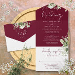 Burgundy Greenery Floral Details RSVP Wedding All In One Invitation<br><div class="desc">All in one wedding invitation featuring botanical greenery floral falling across elegant calligraphy script typography on a burgundy background. The invitation includes additional guest details and a perforated RSVP card that can be individually addressed or left blank for you to handwrite your guest's address details. Designed by Thisisnotme©</div>
