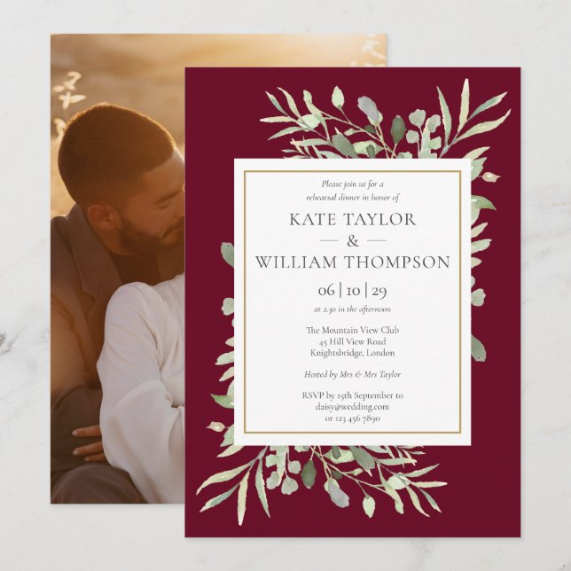 Burgundy Greenery Floral Photo Rehearsal Dinner Invitation (Front/Back)