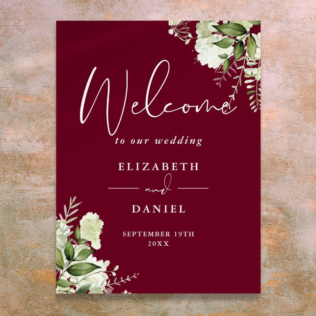 Burgundy Greenery Floral Wedding Welcome Sign (Burgundy Greenery Floral Wedding Welcome Sign)